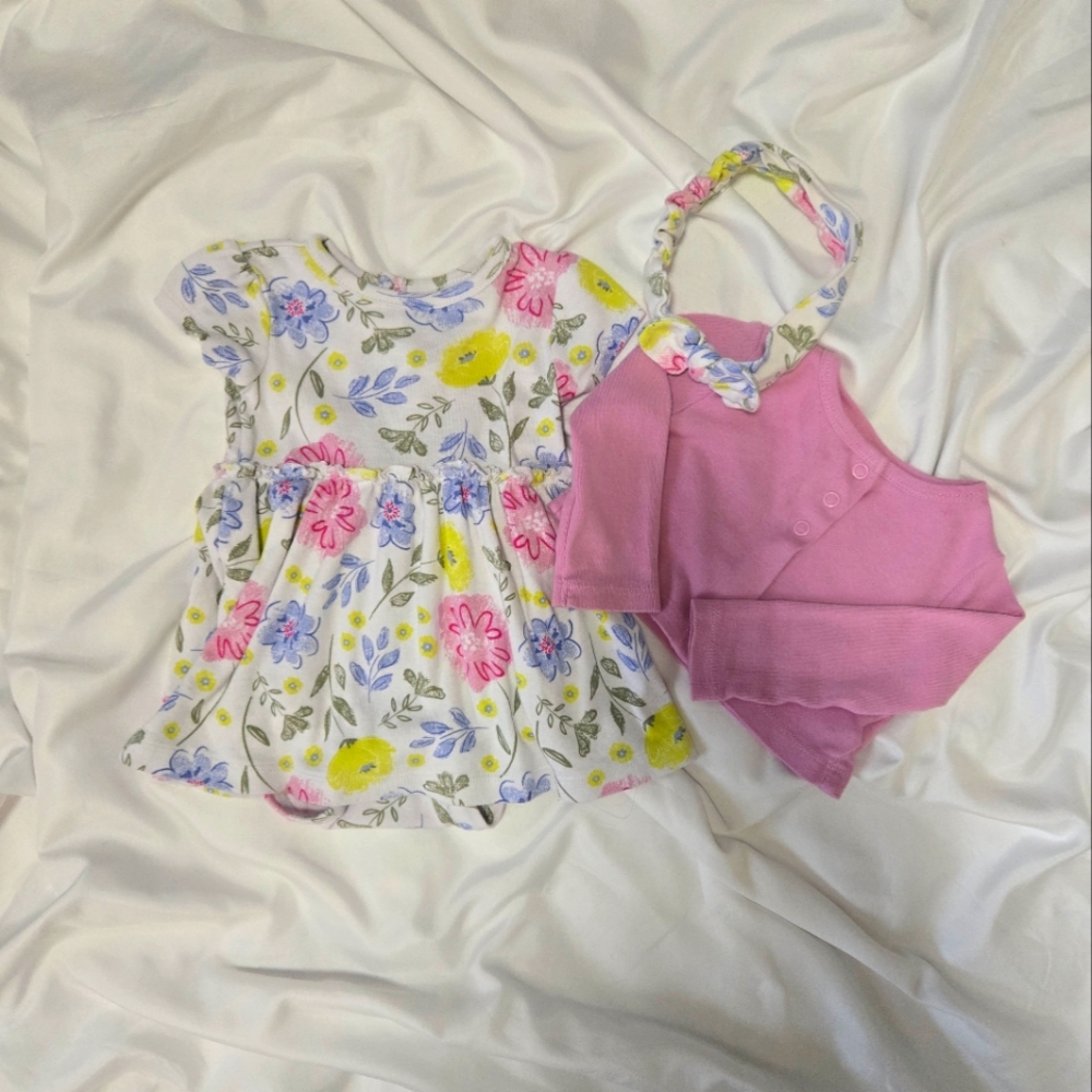 Floral Baby Dress with Pink Cardigan and Matching Headband